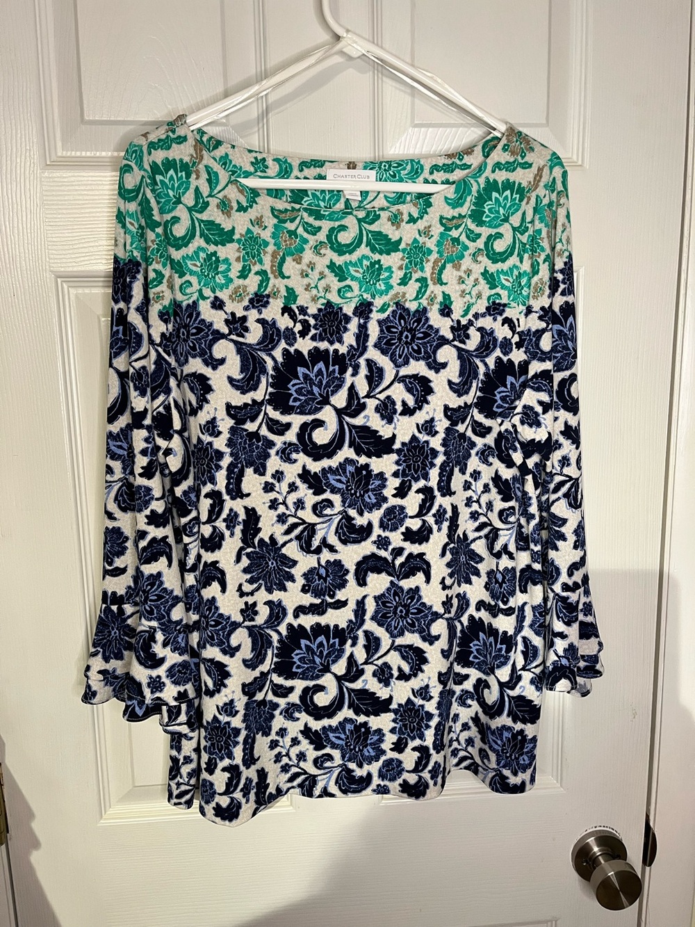 Charter Club XL Teal and Navy Floral Elbow Ruffle Sleeve Top NWOT